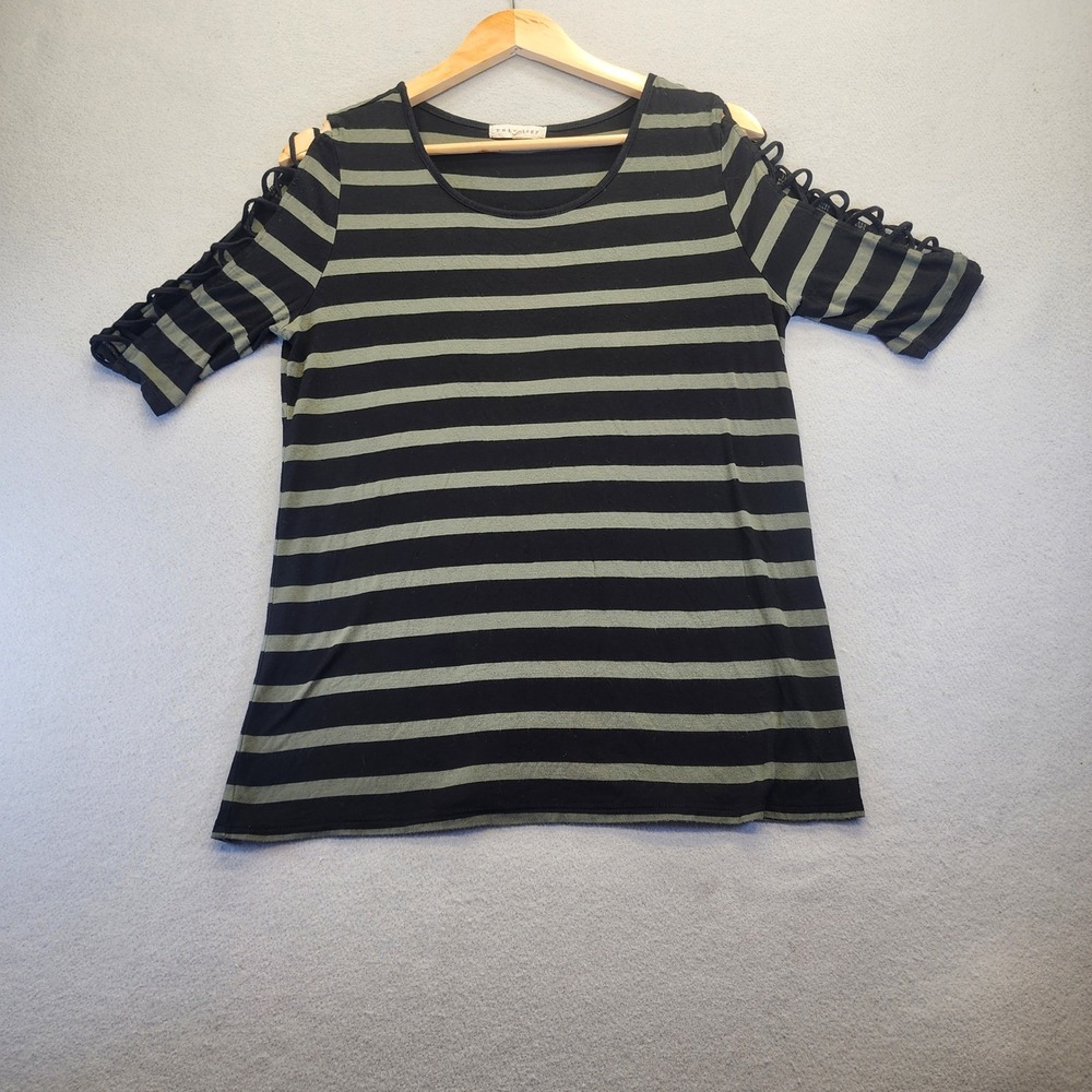 Retrology Striped Cold Shoulder Top‎ Olive Green Black Lattice Lace Up Sleeve M